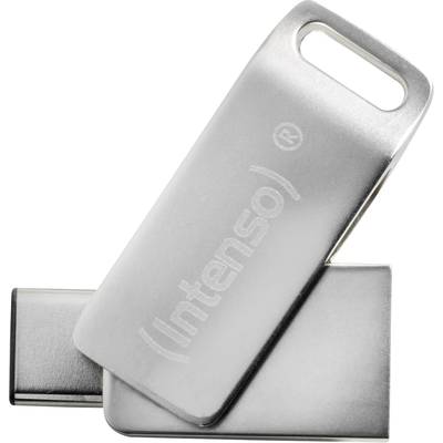 Ein silberfarbener USB-Stick der Marke Intenso, leicht gedreht.