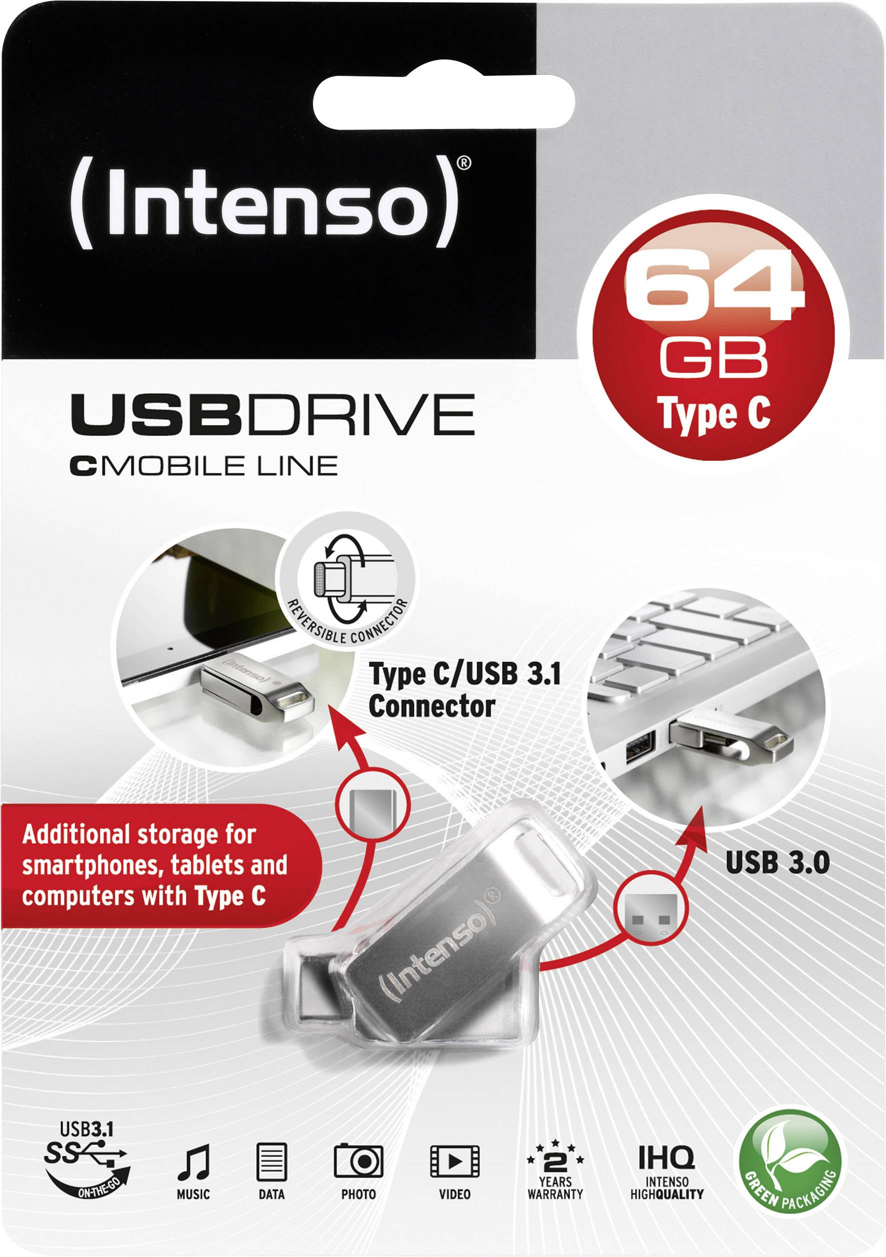 Verpackung eines Intenso USB-Sticks, 64 GB, Typ C. Zeigt USB-Anschlüsse und bietet zusätzlichen Speicher für Geräte mit Typ C.