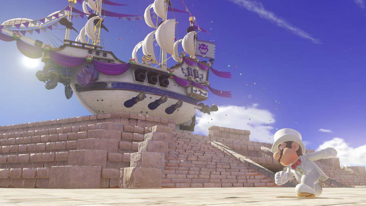 Eine Spielszene mit einer großen Luftschiff mit weißen Segeln am Himmel und einer Figur in einem weißen Anzug, die im Vordergrund läuft.