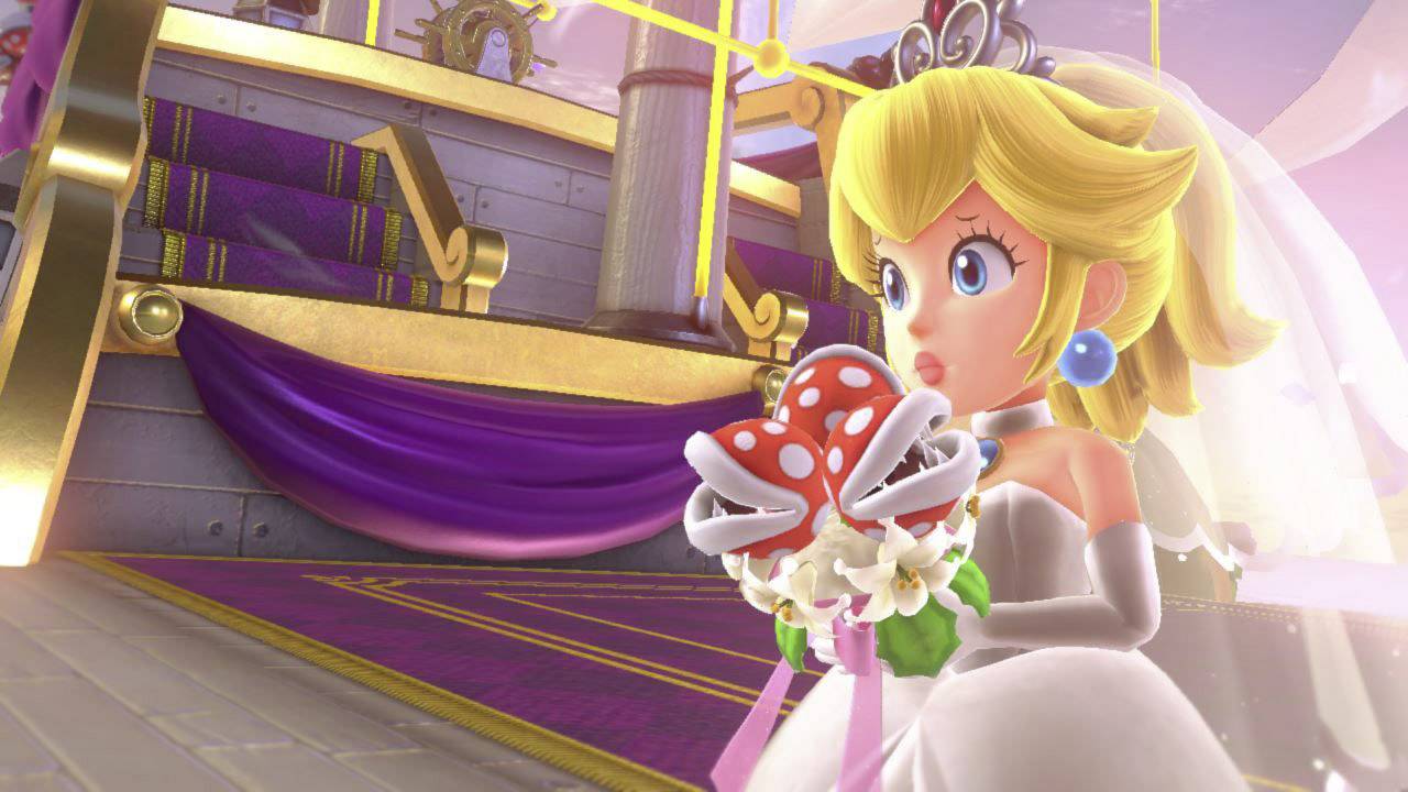 Eine animierte Figur im Hochzeitskleid hält einen Strauß und steht vor einem dekorierten Hintergrund mit lila Vorhängen.