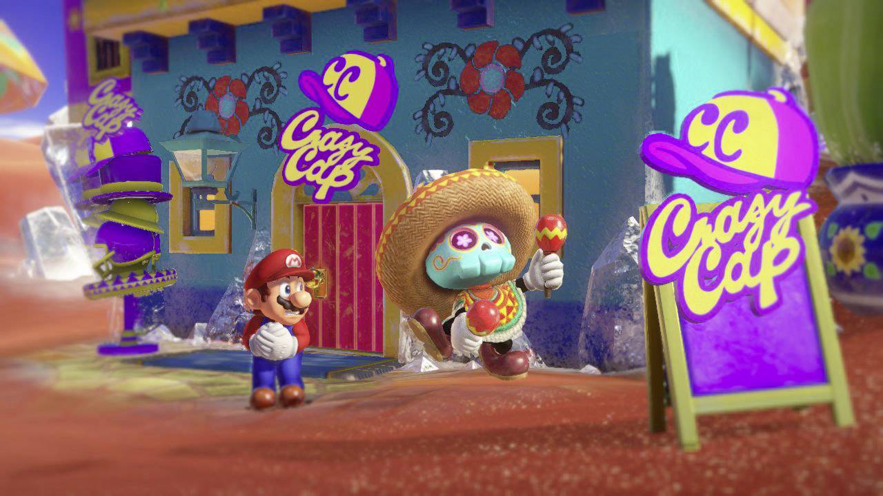 Ein Charakter in rotem Outfit steht vor einem bunten Geschäft mit Schild 'Crazy Cap'. Ein Skelett mit Sombrero tanzt mit einer Rassel.
