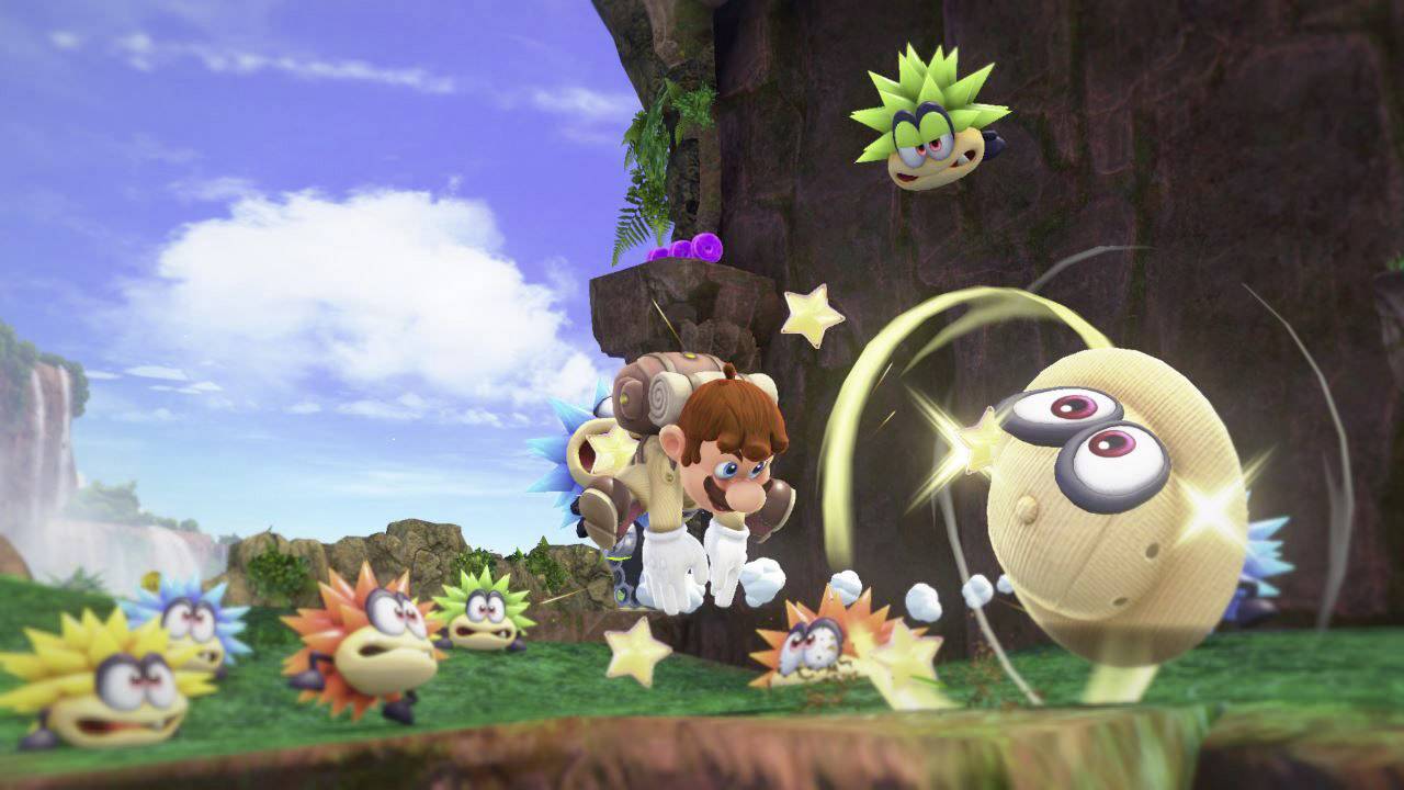 Eine Figur mit Rucksack springt in einer bunten, fantasievollen Landschaft. Umgeben von grünen und orangen Kreaturen mit stacheligen Haaren.