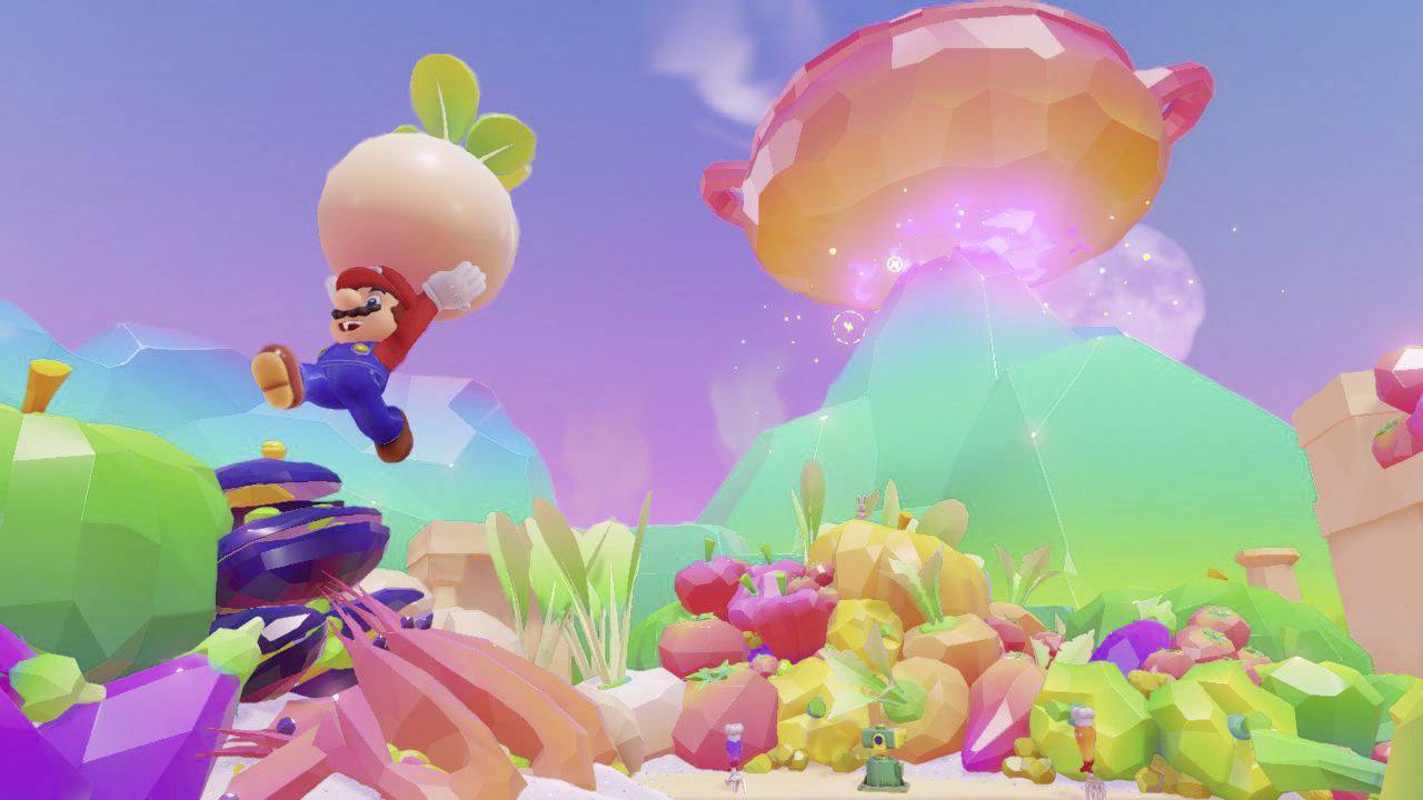 Ein animierter Charakter springt in einer bunten, fantasievollen Landschaft mit einem großen Gemüse in der Hand. Farbenfrohe Gebäude und Hügel sind im Hintergrund.