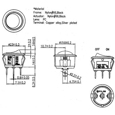 Technische Zeichnung eines runden Schalters mit Maßen. Materialangaben: Nylonrahmen, Kupferlegierungsanschlüsse. Schalterzustände: AN/AUS.