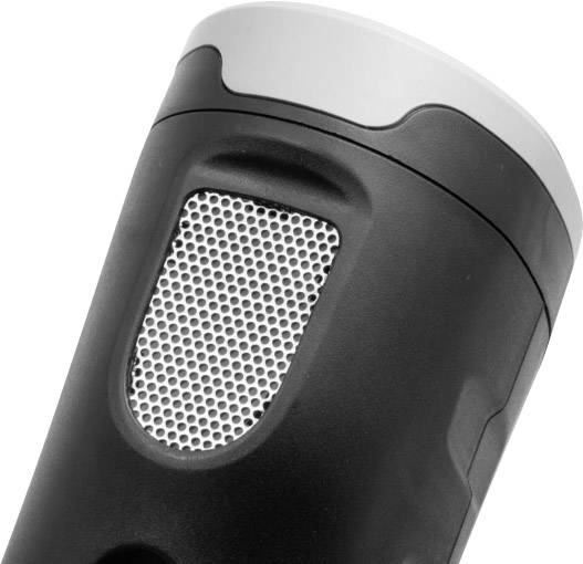 Ein schwarzes und weißes Mikrofon in Nahaufnahme, mit einem erkennbaren Gitterdesign auf der Vorderseite, vor neutralem Hintergrund.