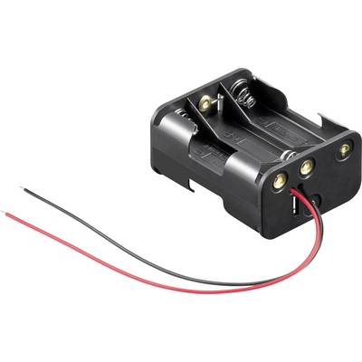 Schwarzer Batteriefachhalter für zwei AA-Batterien mit roten und schwarzen Anschlusskabeln.