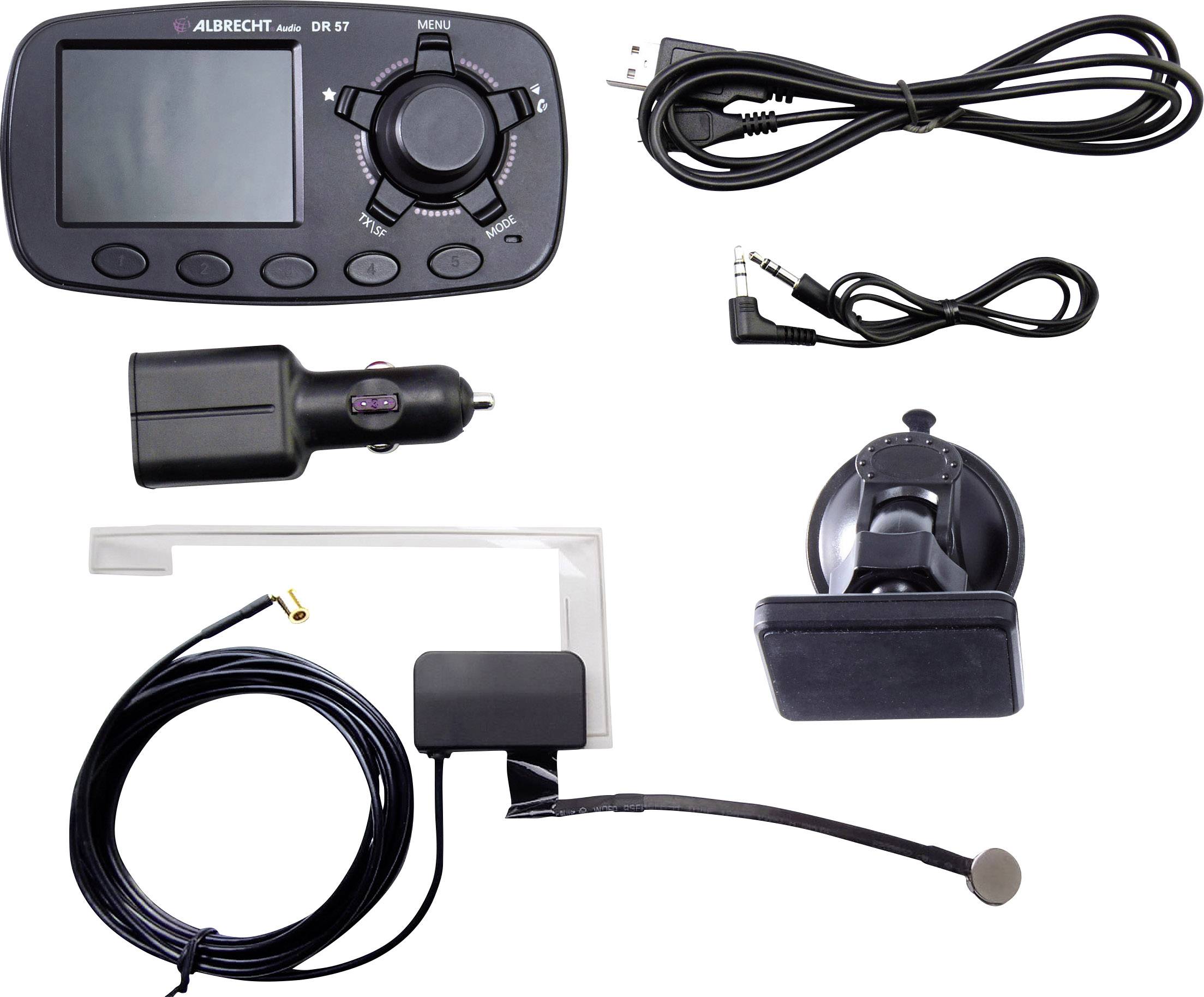 Ein Autoradio-Set bestehend aus Haupteinheit mit Display, Netzteil, USB-Kabel, Audiokabel, und Halterungen.