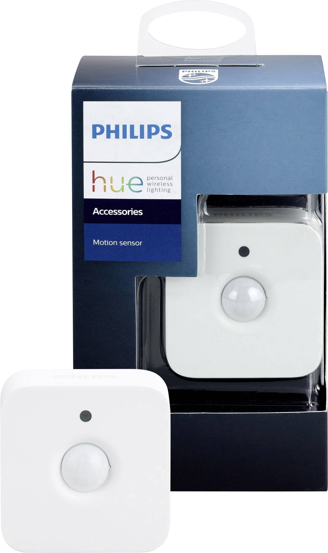 Philips Hue Bewegungssensor in weißer Verpackung, zeigt Produktfoto und Logo.