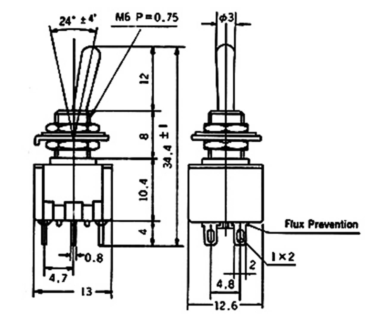 Technische Zeichnung eines Kippschalters mit Maßen: Gesamthöhe 34,4 mm, Breite 12,6 mm, detaillierte Abmessungen der Teile.