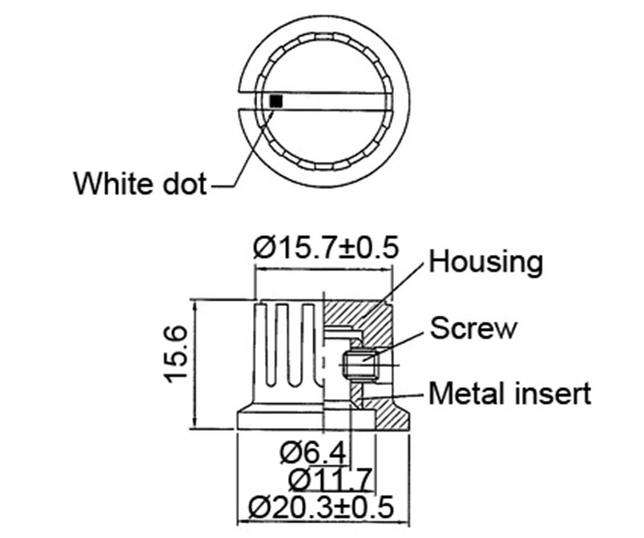 Technische Zeichnung einer Zylinderbuchse mit Maßen und Beschriftungen: 'Housing', 'Screw', 'Metal insert'. Oben ein Querschnitt mit 'White dot'.