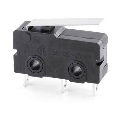 Ein schwarzer Mikroschalter mit drei Metallanschlüssen und einem Hebel oben, der in elektronischen Geräten zur Steuerung verwendet wird.