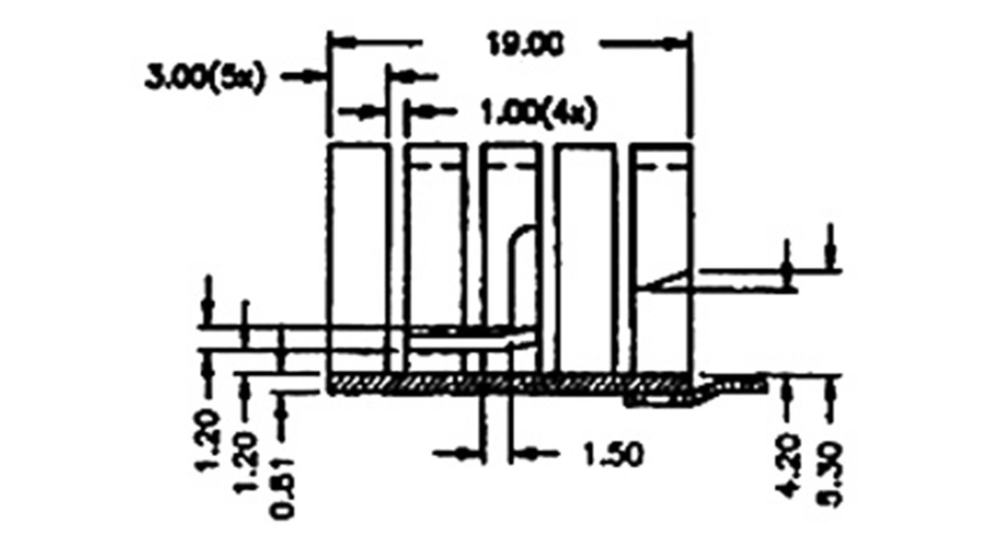 Bauplan eines mechanischen Teils mit Maßen. Zeigt horizontale und vertikale Abstände zwischen Elementen in Millimetern.