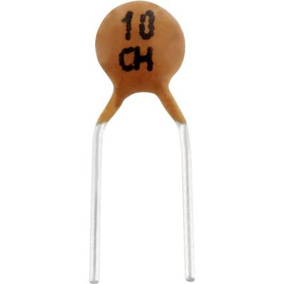 Keramikkondensator mit der Aufschrift '10 CH', zwei Anschlussdrähte, typisch verwendet in elektronischen Schaltungen zur Stabilisierung.