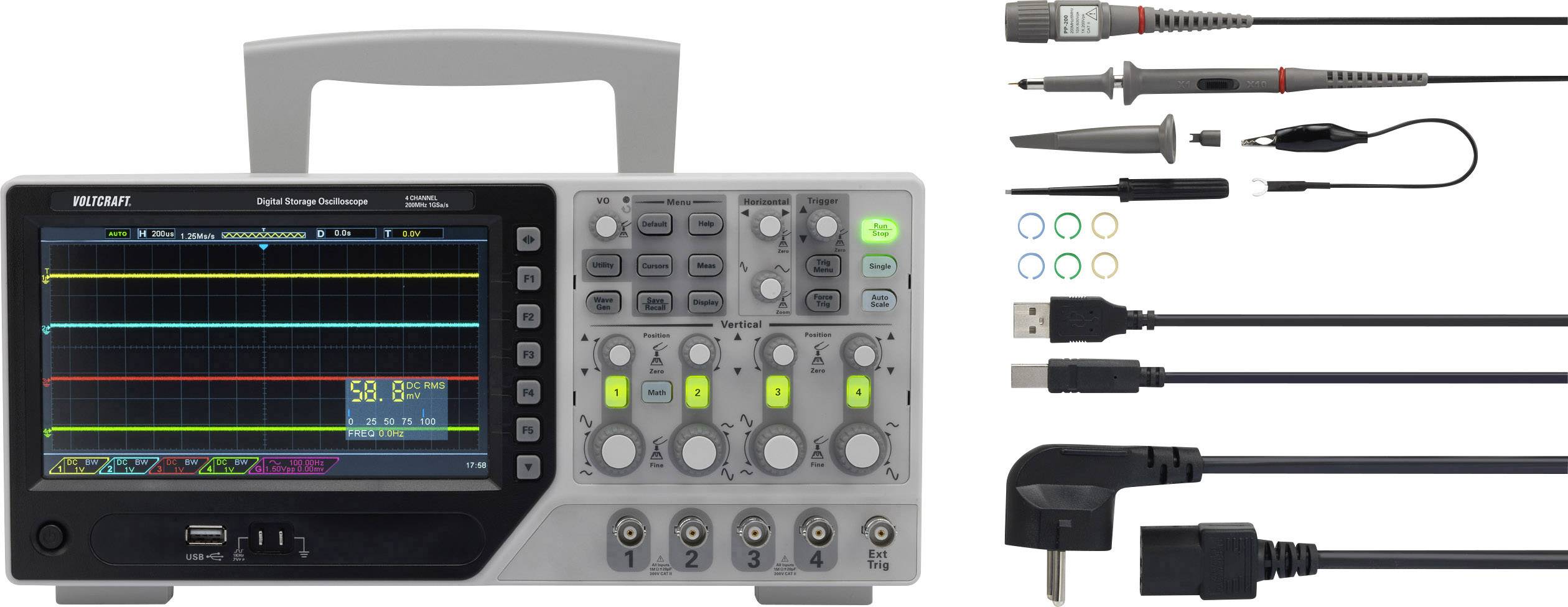 Ein digitales Oszilloskop mit Zubehör: Sonden, Kabel und Adapter. Der Bildschirm zeigt eine grafische Darstellung von Spannungswellen.