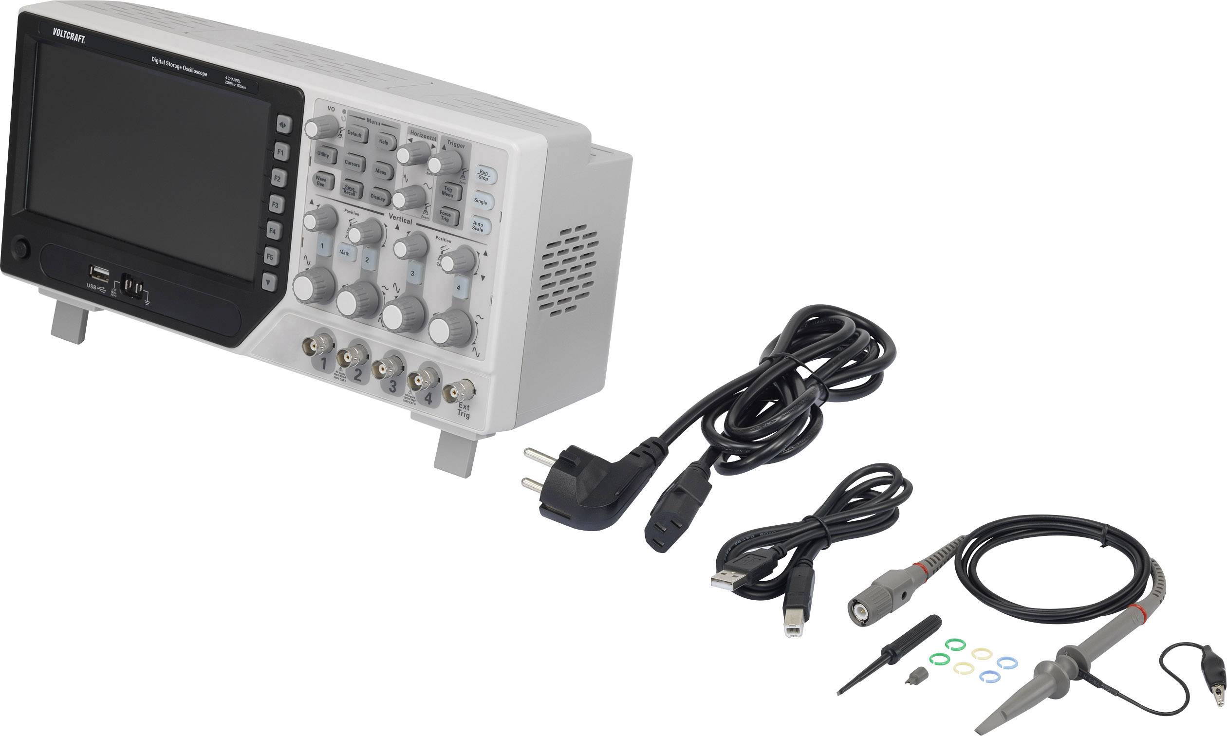 Ein digitales Oszilloskop mit Zubehör: Netzkabel, USB-Kabel, Oszilloskop-Tastkopf und diverse Farbringe für Kennzeichnungen.