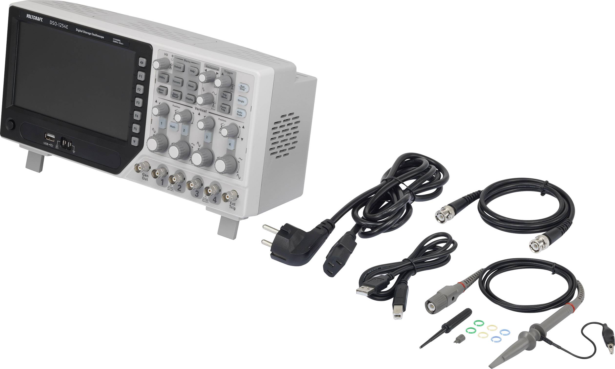Digitales Oszilloskop mit Zubehör wie Kabel und Sonden, verwendet zur Messung und Analyse von elektrischen Signalen.
