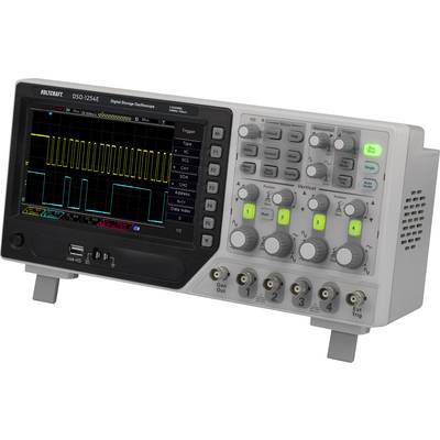 Ein digitales Speicheroszilloskop mit Bildschirm zeigt komplexe elektronische Wellenformen und hat Regler für verschiedene Einstellungen.