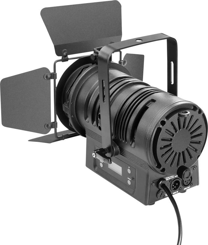 Eine schwarze Bühnenleuchte mit verstellbaren Klappen und Kabel, ideal für die Beleuchtung von Theaterproduktionen.