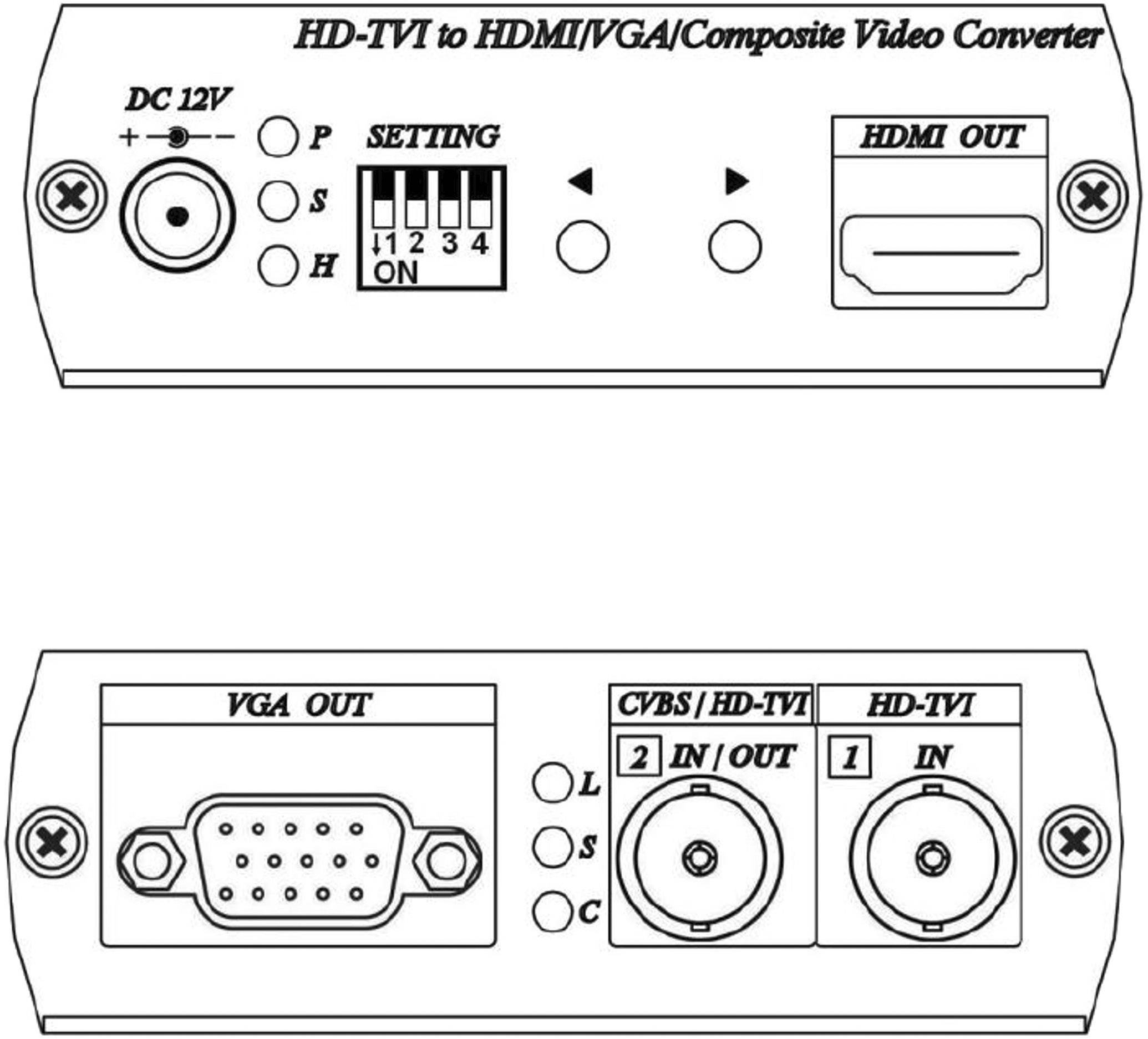 'HD-TVI zu HDMI/VGA/Composite Video Converter' mit mehreren Anschlüssen: DC 12V, VGA, CVBS/HD-TVI, mit Einstellschalter.