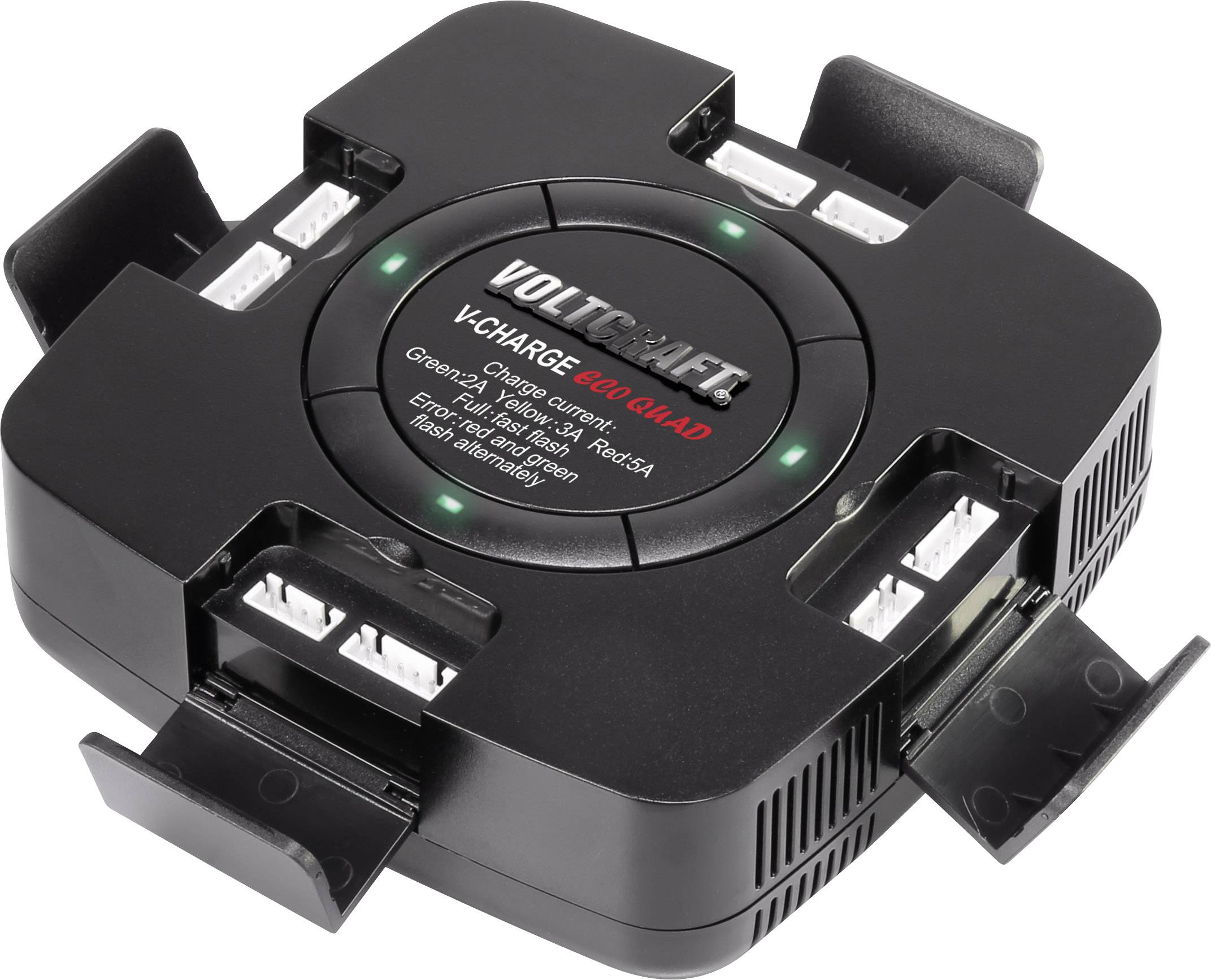 Ladegerät mit mehreren Ladeanschlüssen, grünes Licht zeigt Betrieb an, Funktion für verschiedene Batterietypen und USB-Port.