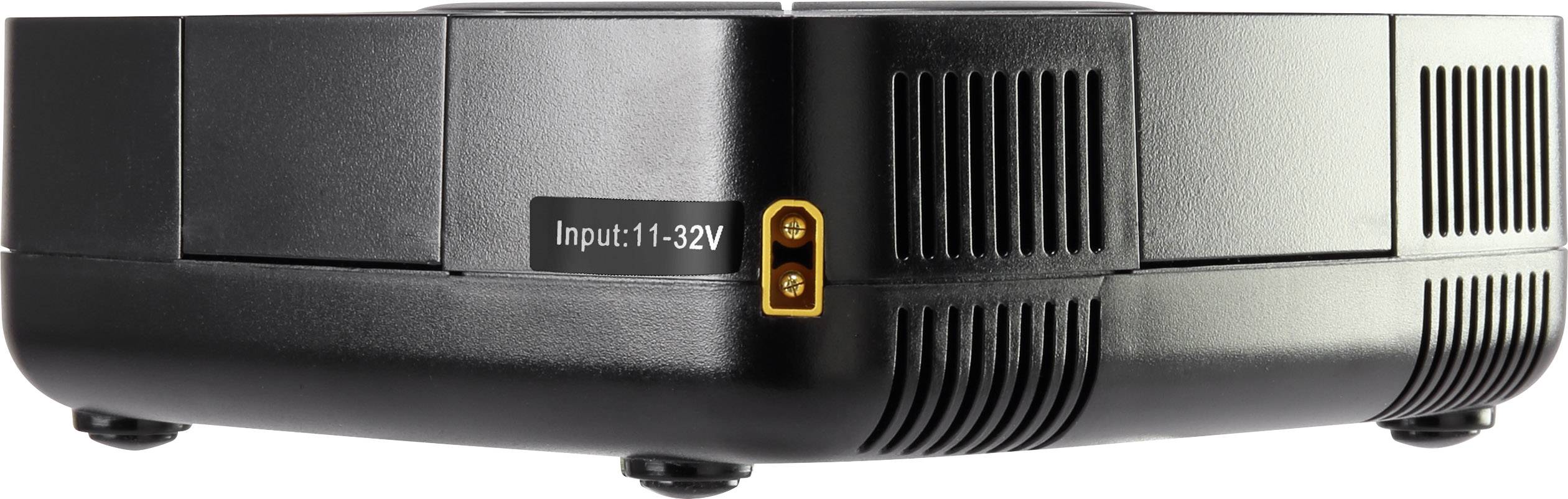 Ein schwarzes elektronisches Gerät mit einer markierten Eingangsverbindung 'Input: 11-32V'. Gerät hat Lüftungsschlitze.
