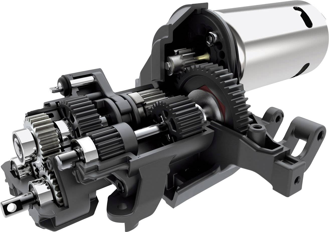 Querschnitt eines Getriebes mit Zahnrädern, Wellen und einem Elektromotor. Zeigt die internen mechanischen Details und Funktionsweise.