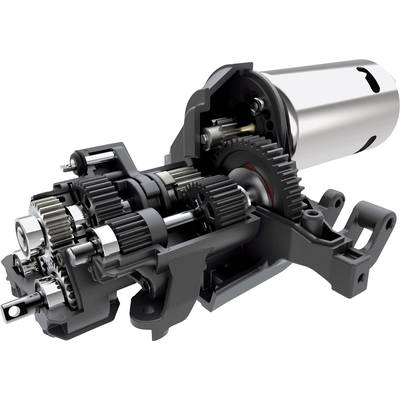 Querschnitt eines Getriebes mit Zahnrädern, Wellen und einem Elektromotor. Zeigt die internen mechanischen Details und Funktionsweise.