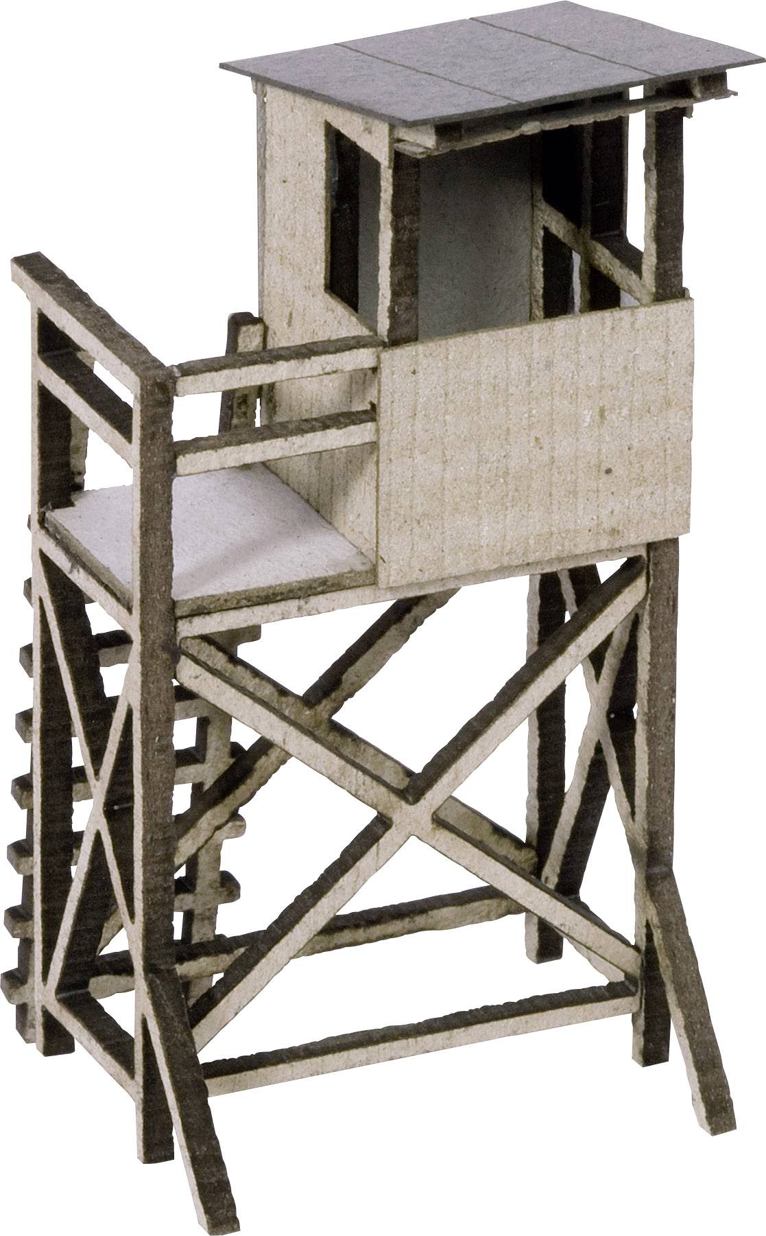 Holzmodell eines Wachturms mit rechteckiger Plattform und überdachtem Bereich. Enthält Treppe und Geländer für Zugang.