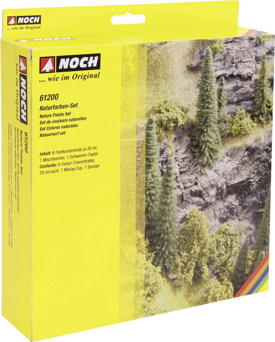 'NOCH Naturfarben-Set 61200' Verpackung mit Bild eines Modellbaum-Landschaftsbaus. Enthält 4 Farben, Mischbecher und Schwamm-Tupfer.