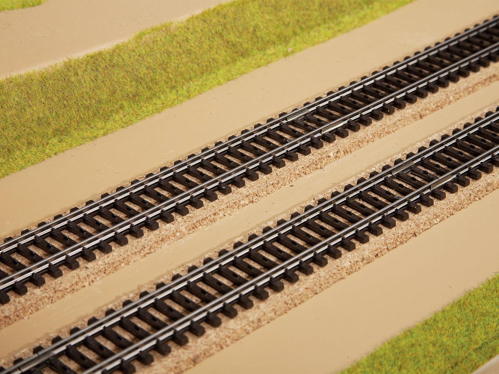 Zwei parallele Eisenbahnschienen verlaufen durch eine Landschaft mit grasbewachsenen Böschungen und sandigem Boden.
