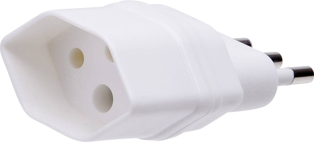 Ein weißer, dreifach-stiftiger 16-Ampere-Steckeradapter für den europäischen Markt.