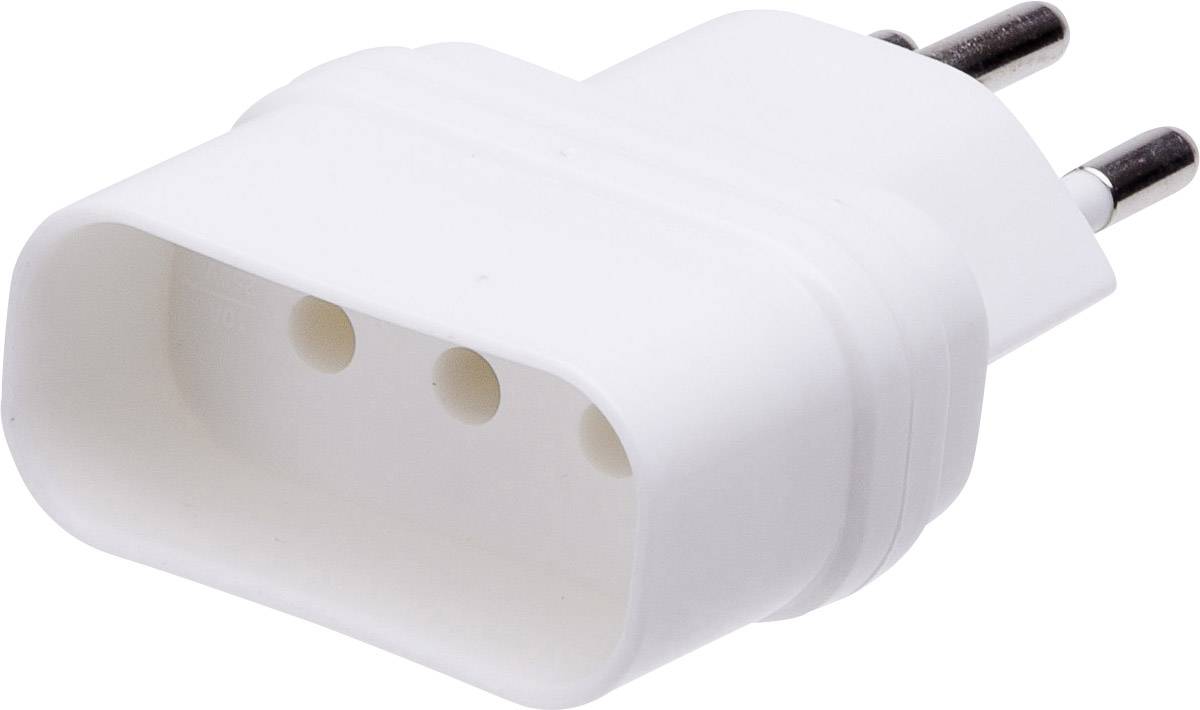 Ein weißer Adapterstecker mit drei runden Löchern und zwei Metallstiften zur Stromverbindung.