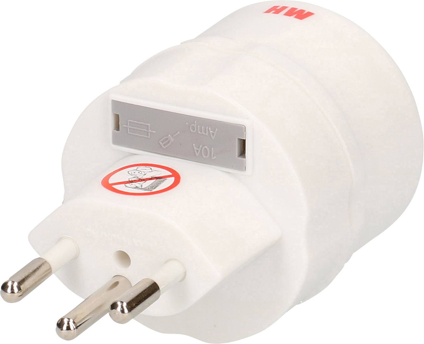 Weiße Steckdosenadapter mit drei Steckern. Rotes Warnsymbol auf der Oberfläche.