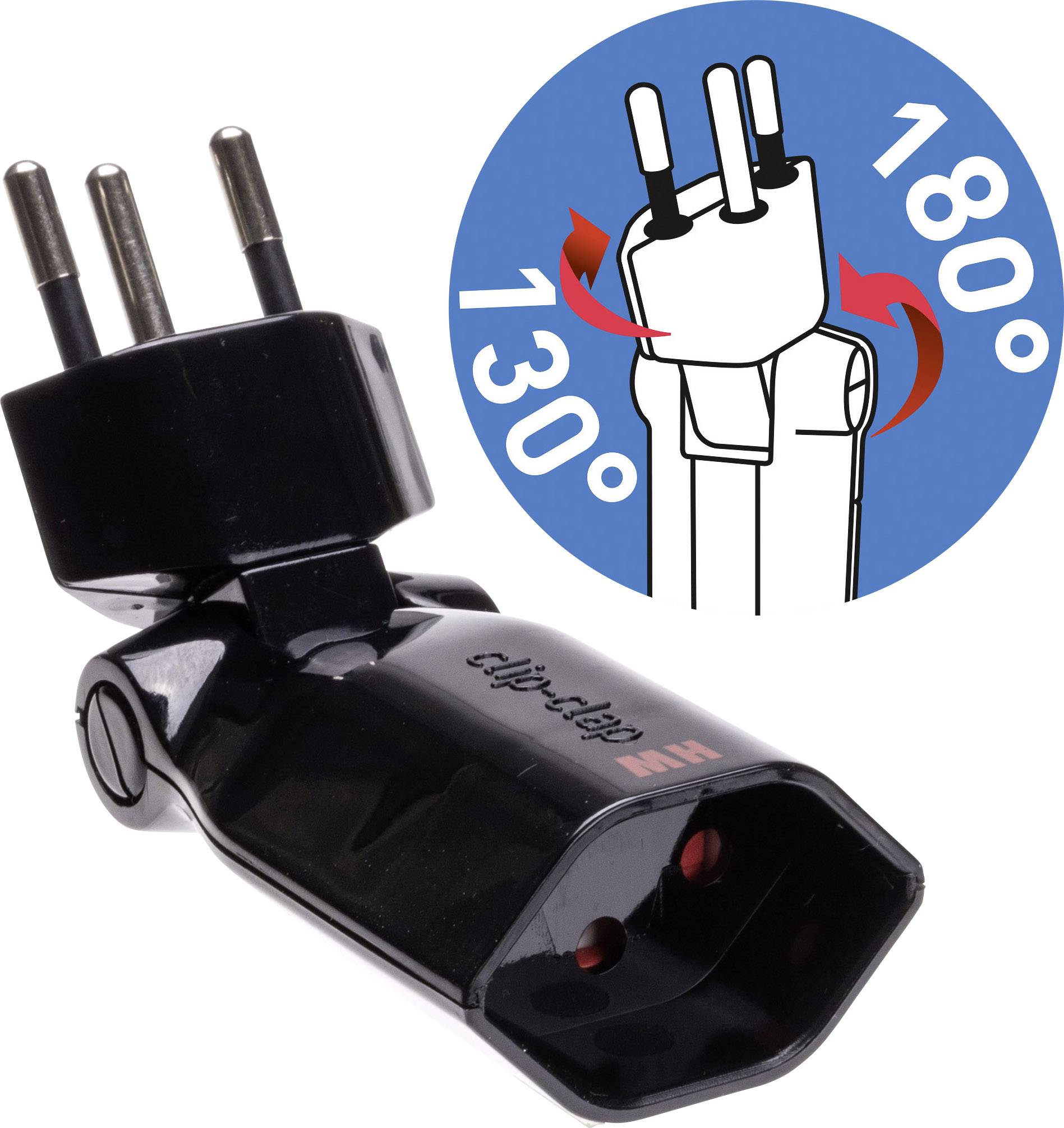 Schwarzer, drehbarer Steckeradapter mit Abbildung in Blau: Stecker kann von 130° bis 180° gedreht werden.