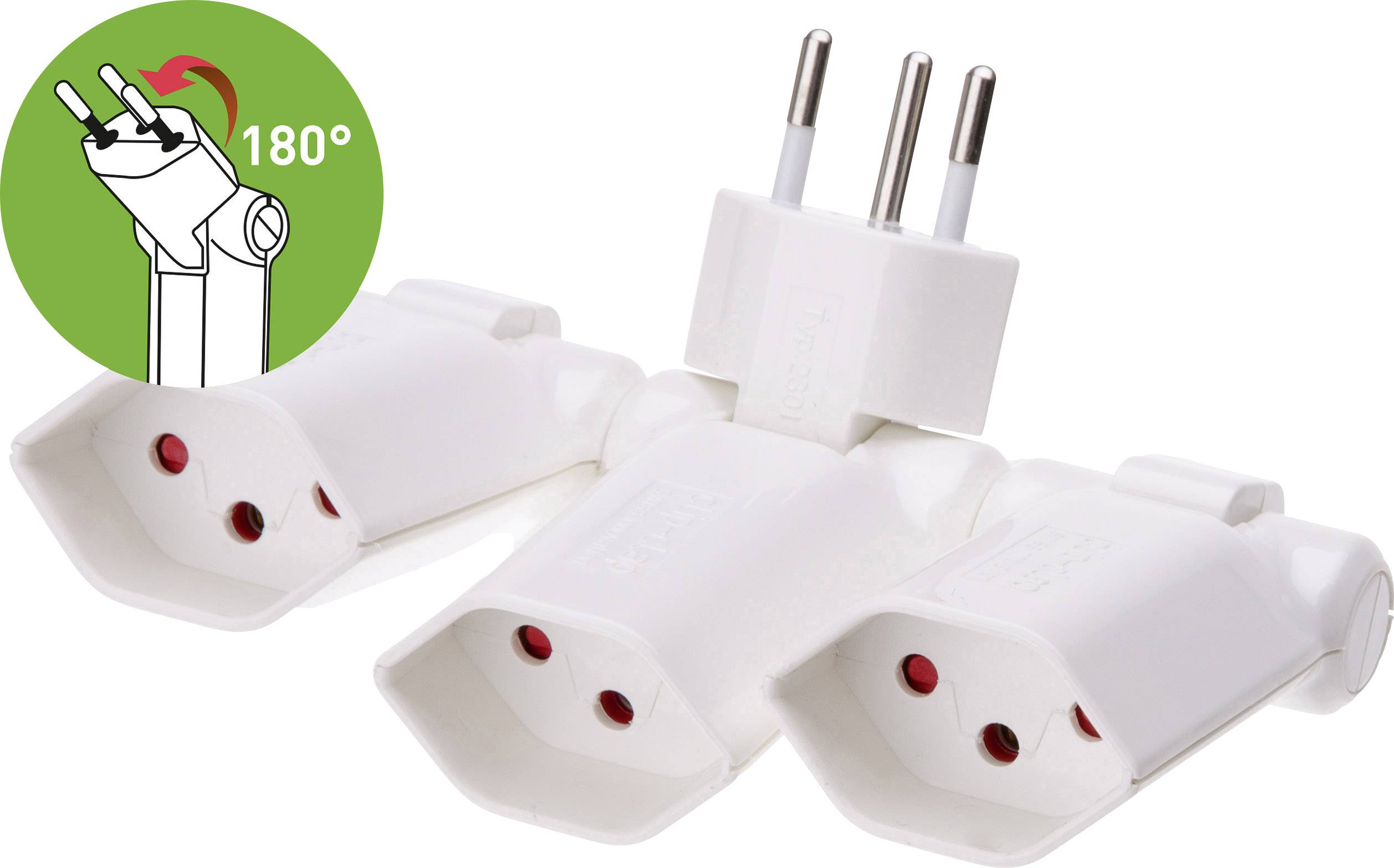 Doppelstecker in einer V-Form, um 180 Grad drehbar, ermöglicht gleichzeitiges Anschließen von zwei Geräten an eine Steckdose.