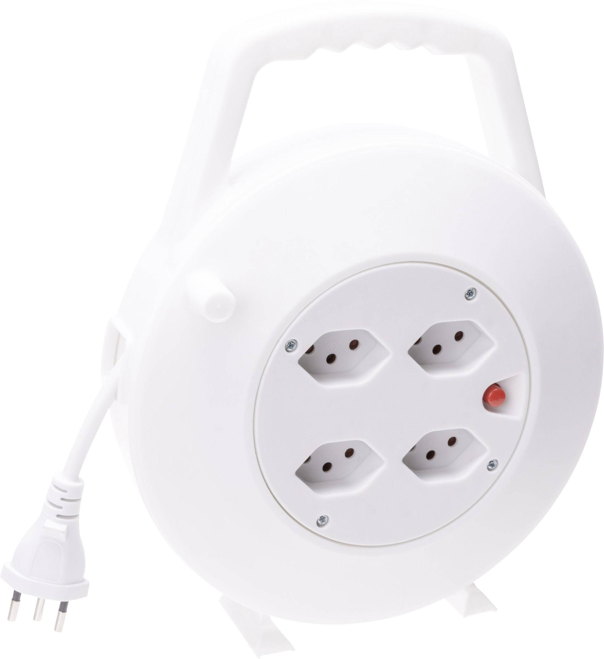 Weiße Kabeltrommel mit Griff, enthält vier Steckdosen und ein Netzkabel mit Stecker.