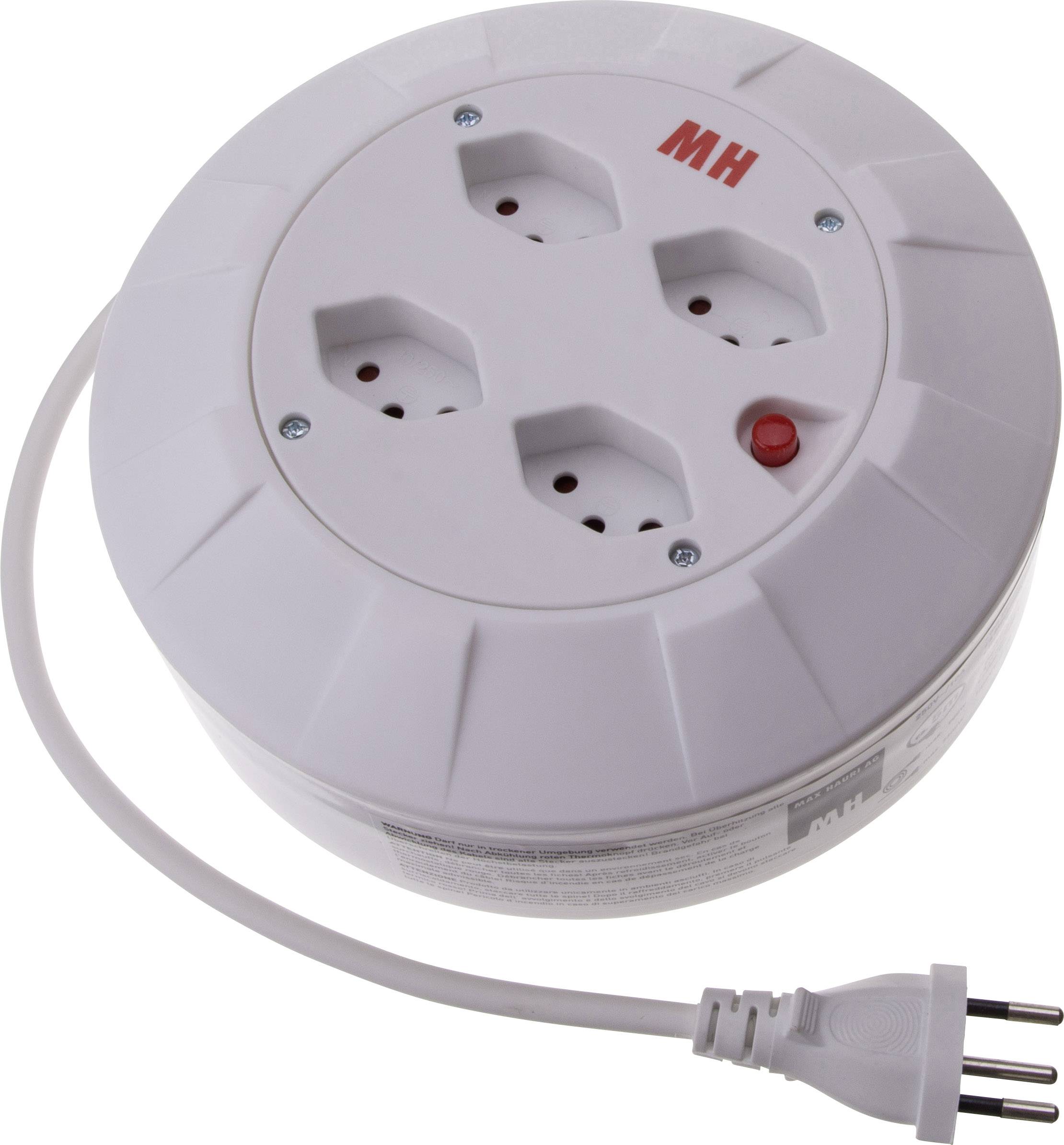 Runde Steckdosenleiste mit vier Steckplätzen und rotem Schalter, verbunden mit einem Stecker.