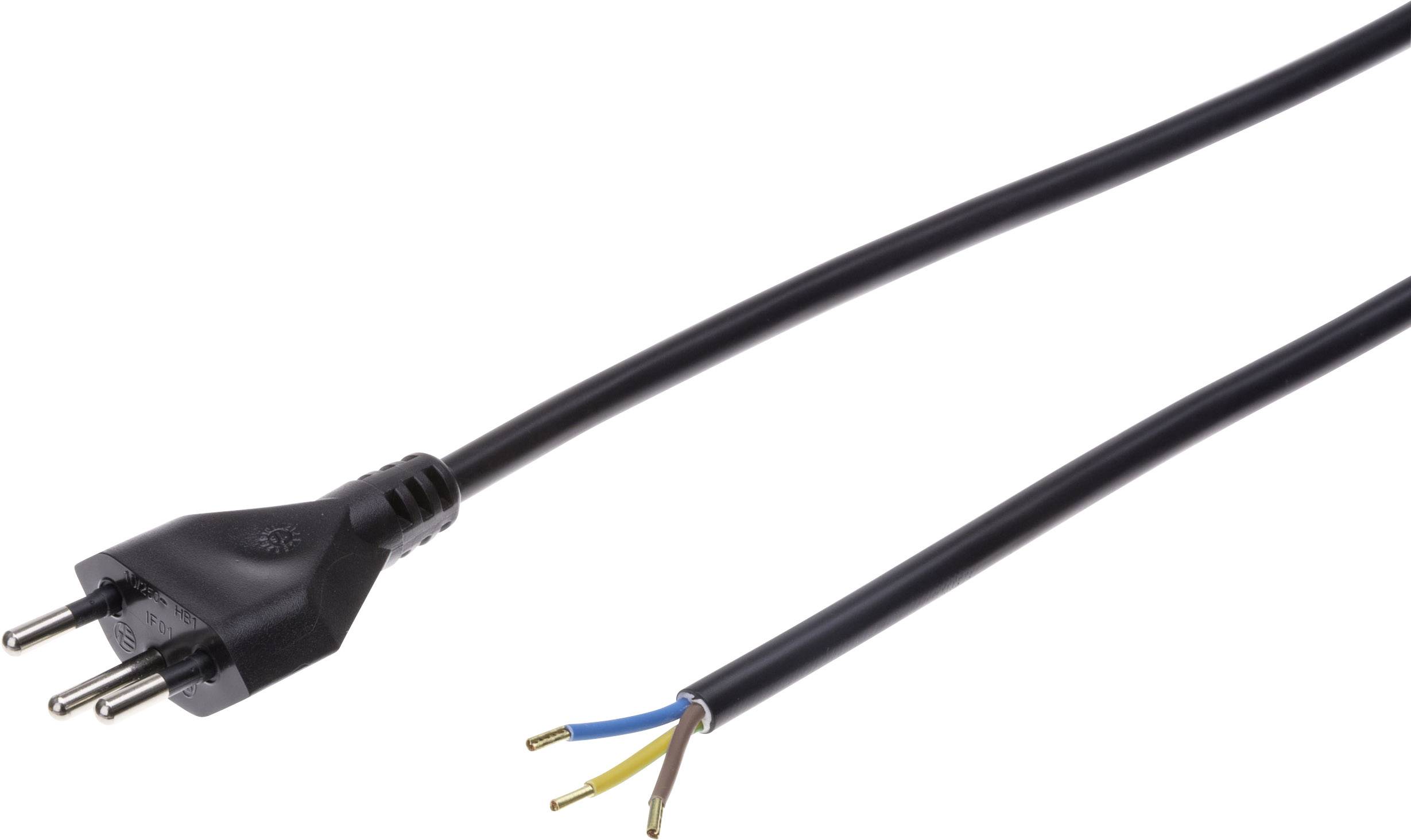 Schwarzes Netzkabel mit abisolierten Drähten an einem Ende und einem Eurostecker am anderen Ende.