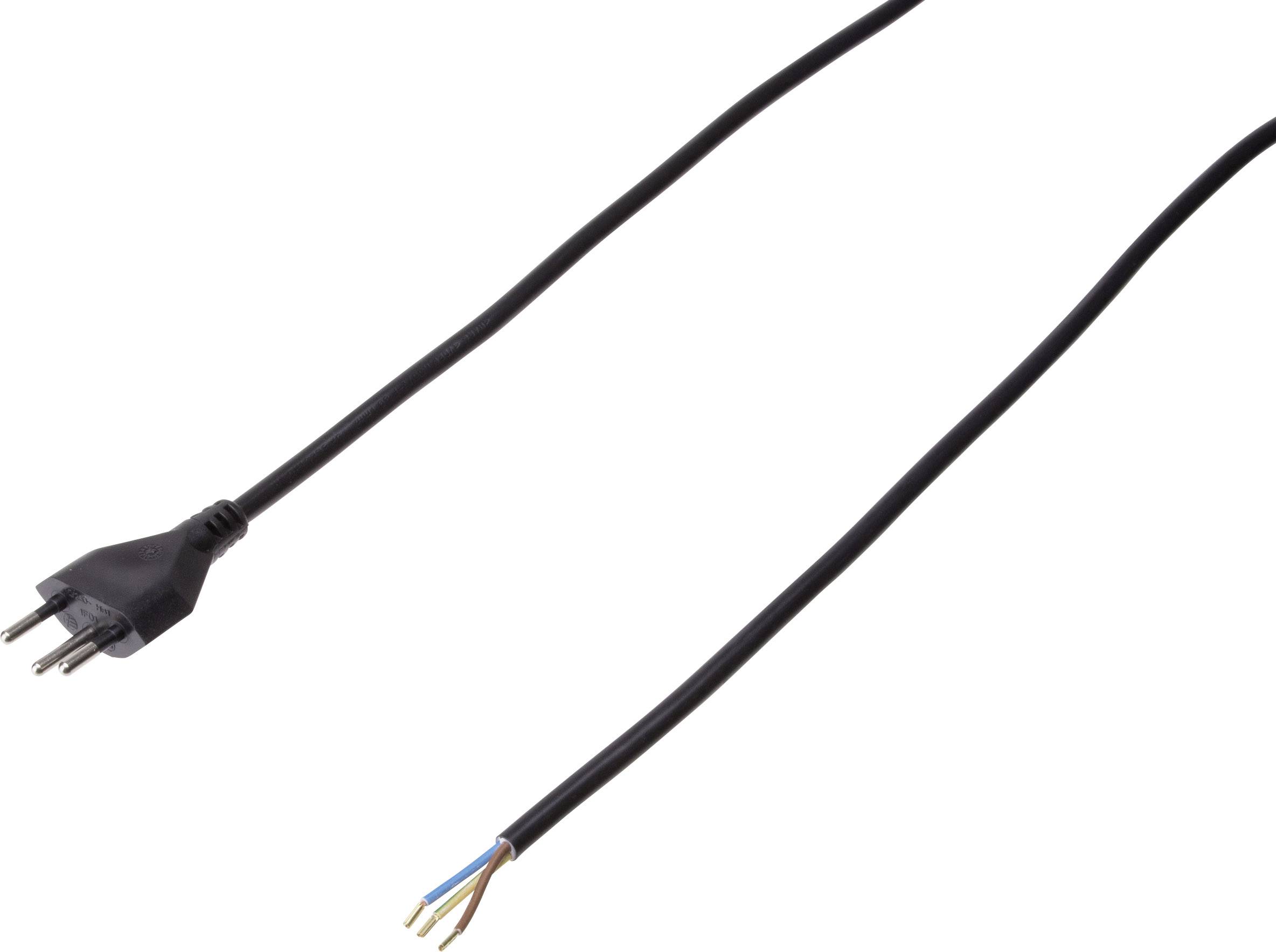 Schwarzes Netzkabel mit einem Eurostecker auf der linken Seite und offenen, abisolierten Drähten auf der rechten Seite.