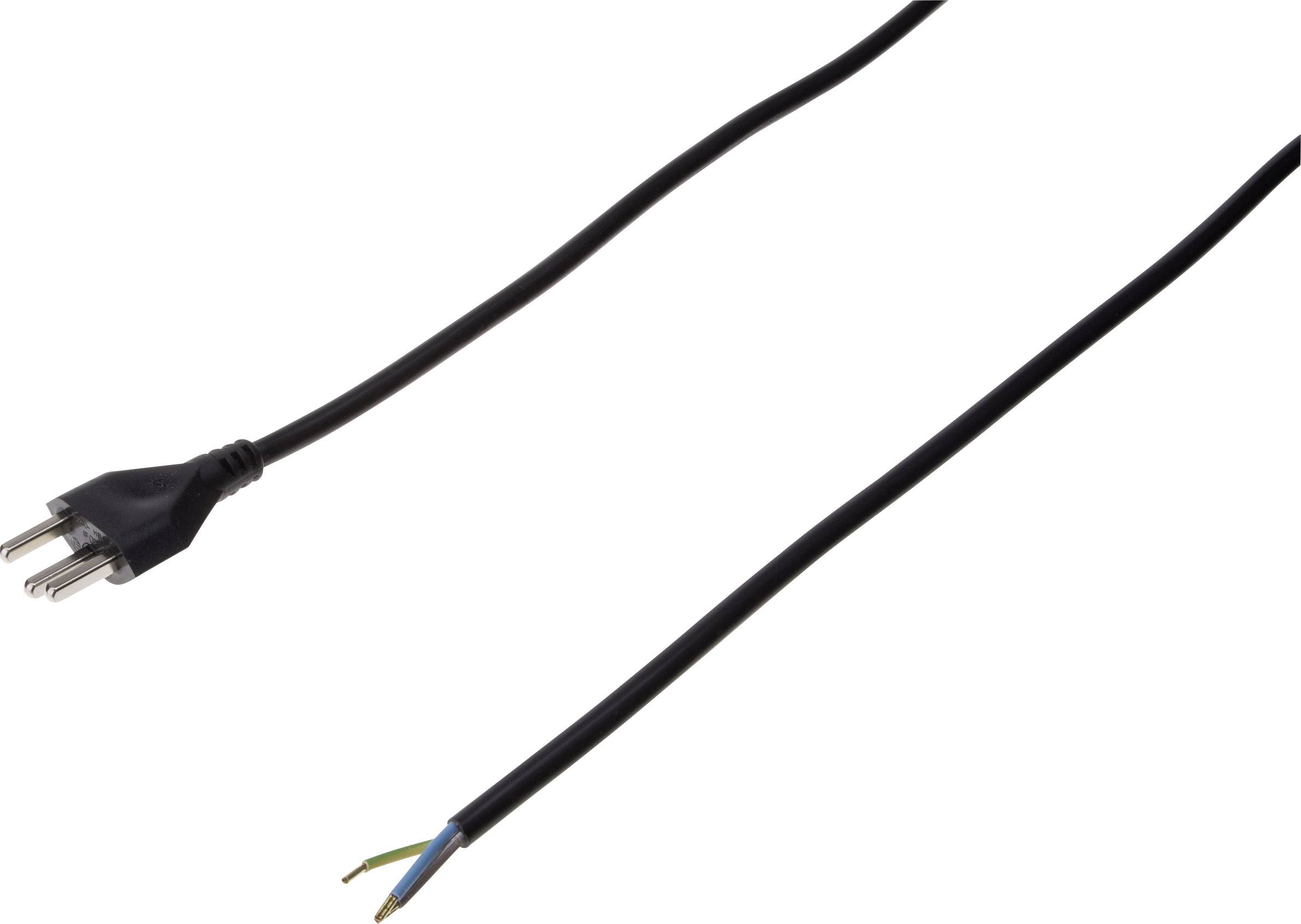 Ein schwarzes Netzkabel mit Stecker auf der einen Seite und abisolierten Kabelenden auf der anderen Seite zur Verkabelung.