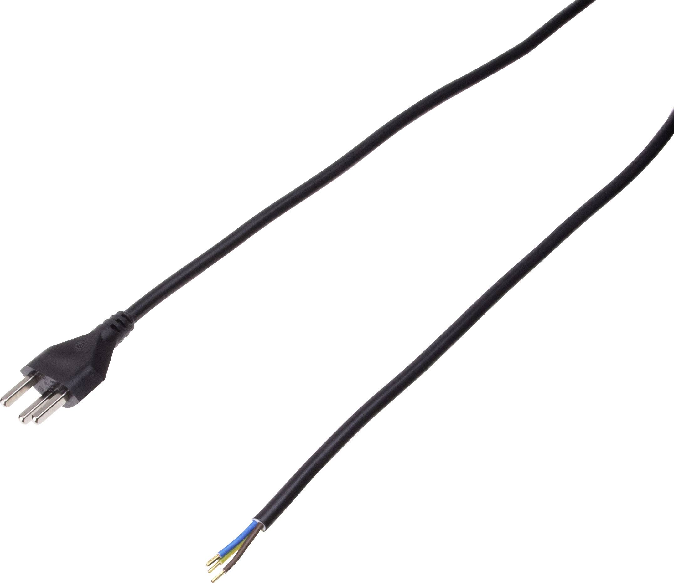 Schwarzes Stromkabel mit europäischem Stecker links und offenen, farblich ummantelten Kabelenden rechts auf weißem Hintergrund.