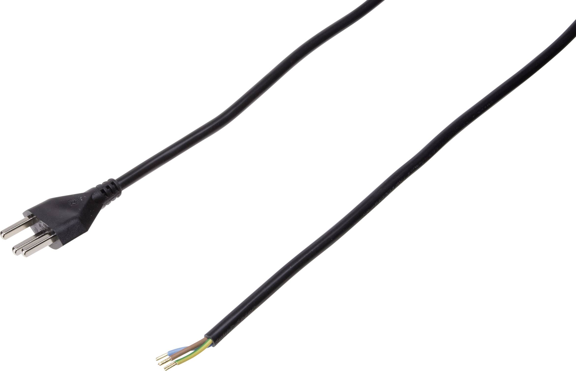 Ein schwarzes Stromkabel mit einem dreipoligen Stecker auf der einen Seite und abisolierten Drähten auf der anderen Seite.