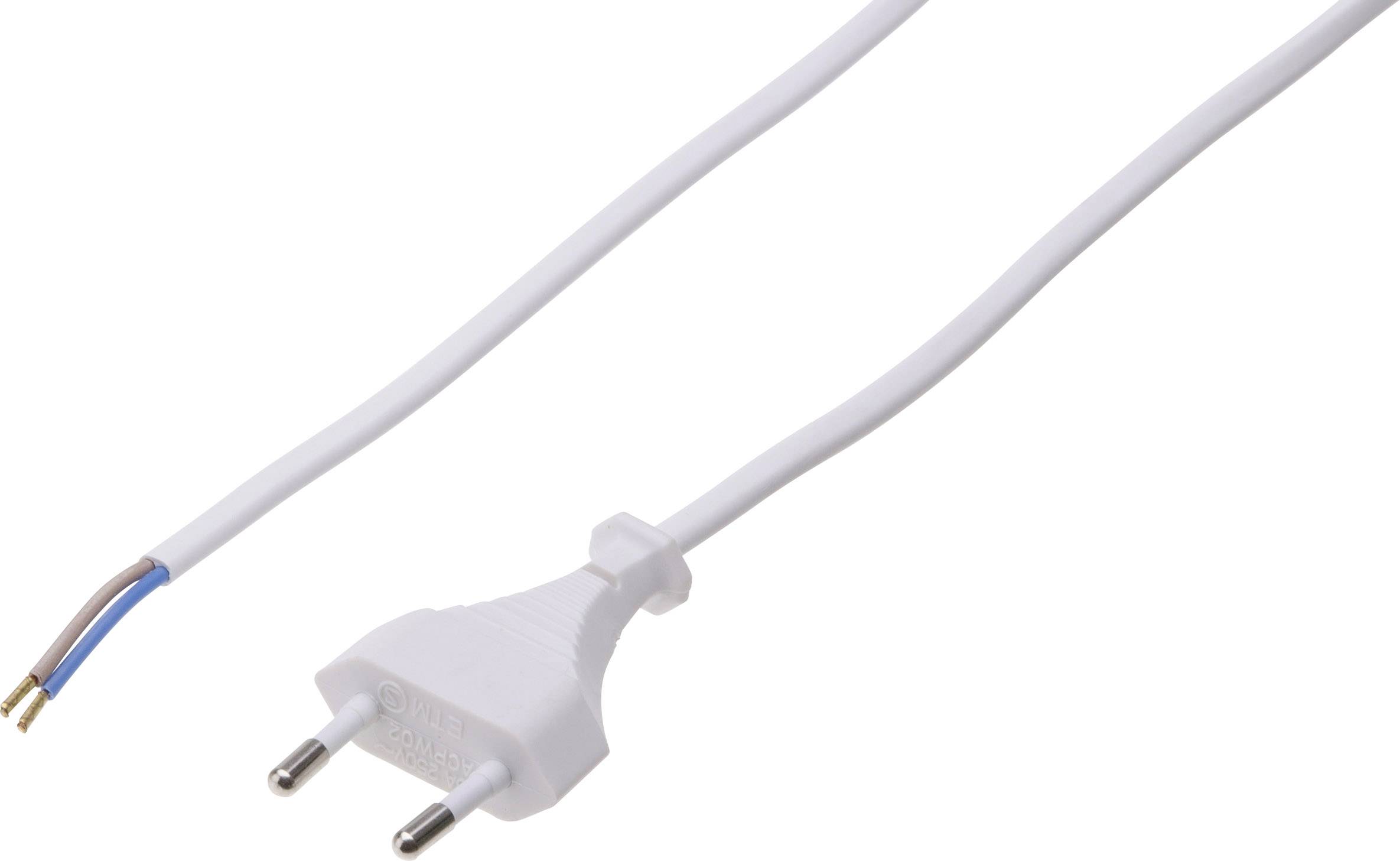 Weißes, zweipoliges Stromkabel mit Stecker und abisolierten Enden. Geeignet zur Verbindung von elektrischen Geräten.