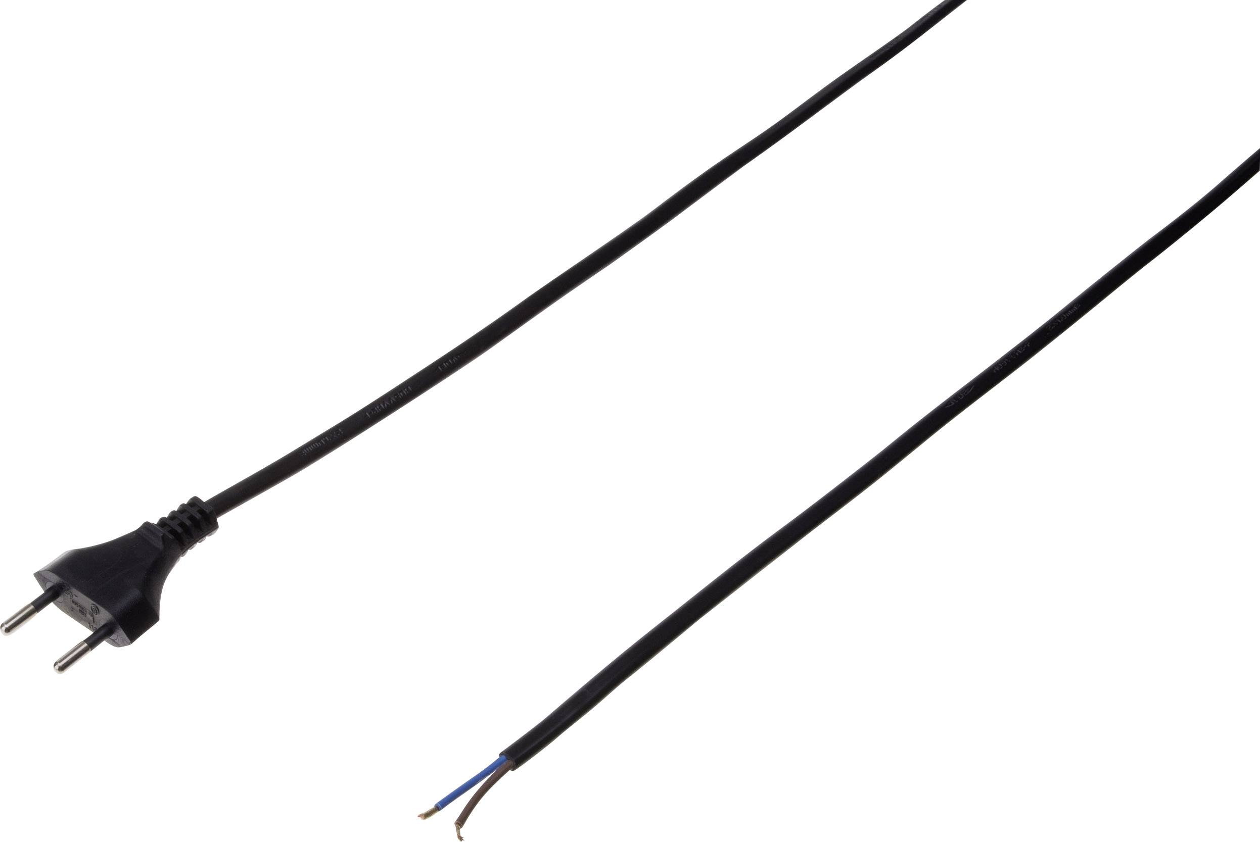 Ein schwarzes Stromkabel mit einem EU-Stecker links und offenen Aderenden rechts, bereit zur Installation.