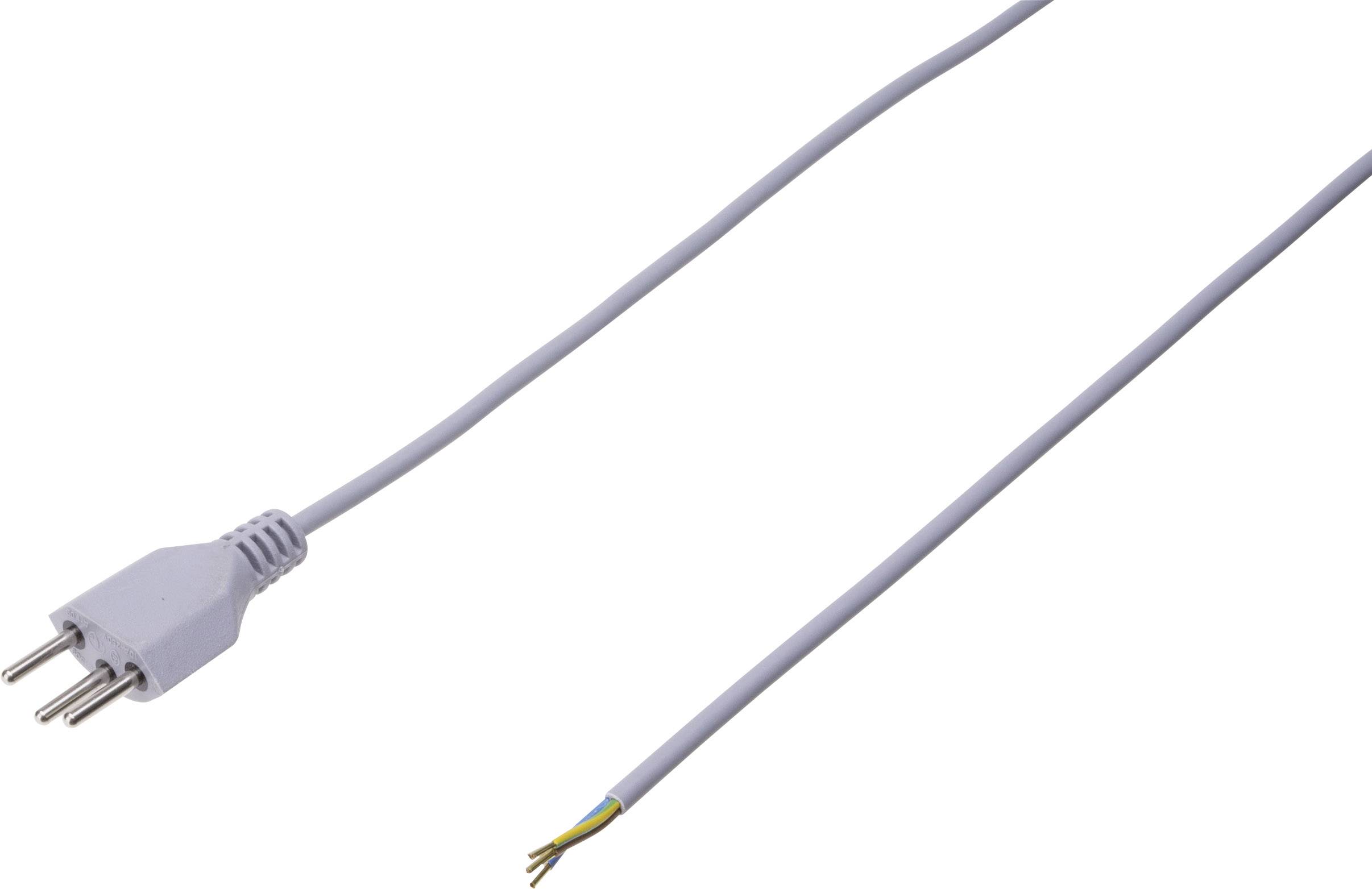 Weißes Netzkabel mit einem drei-poligen Stecker auf einer Seite und offenen Drahtenden auf der anderen Seite.