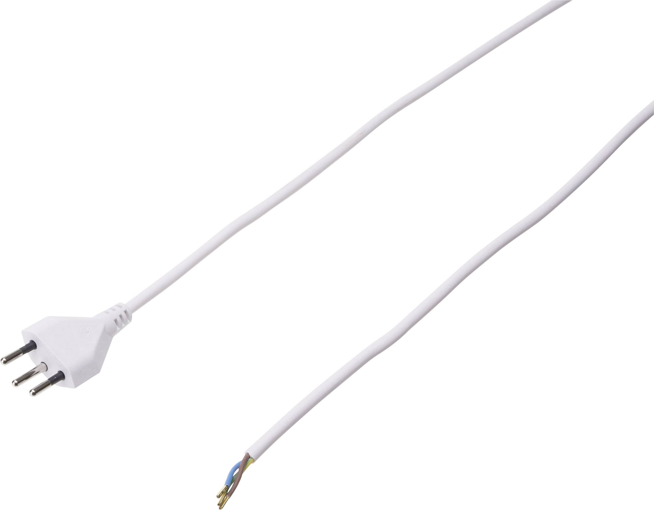 Weißes Netzkabel mit einem dreipoligen Stecker auf der linken Seite und offenen Drahtenden auf der rechten Seite.