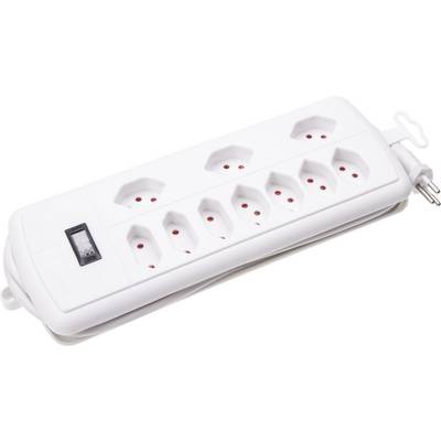 Weiße Steckdosenleiste mit acht Steckplätzen und einem Ein-/Ausschalter, geeignet für mehrere elektronische Geräte.