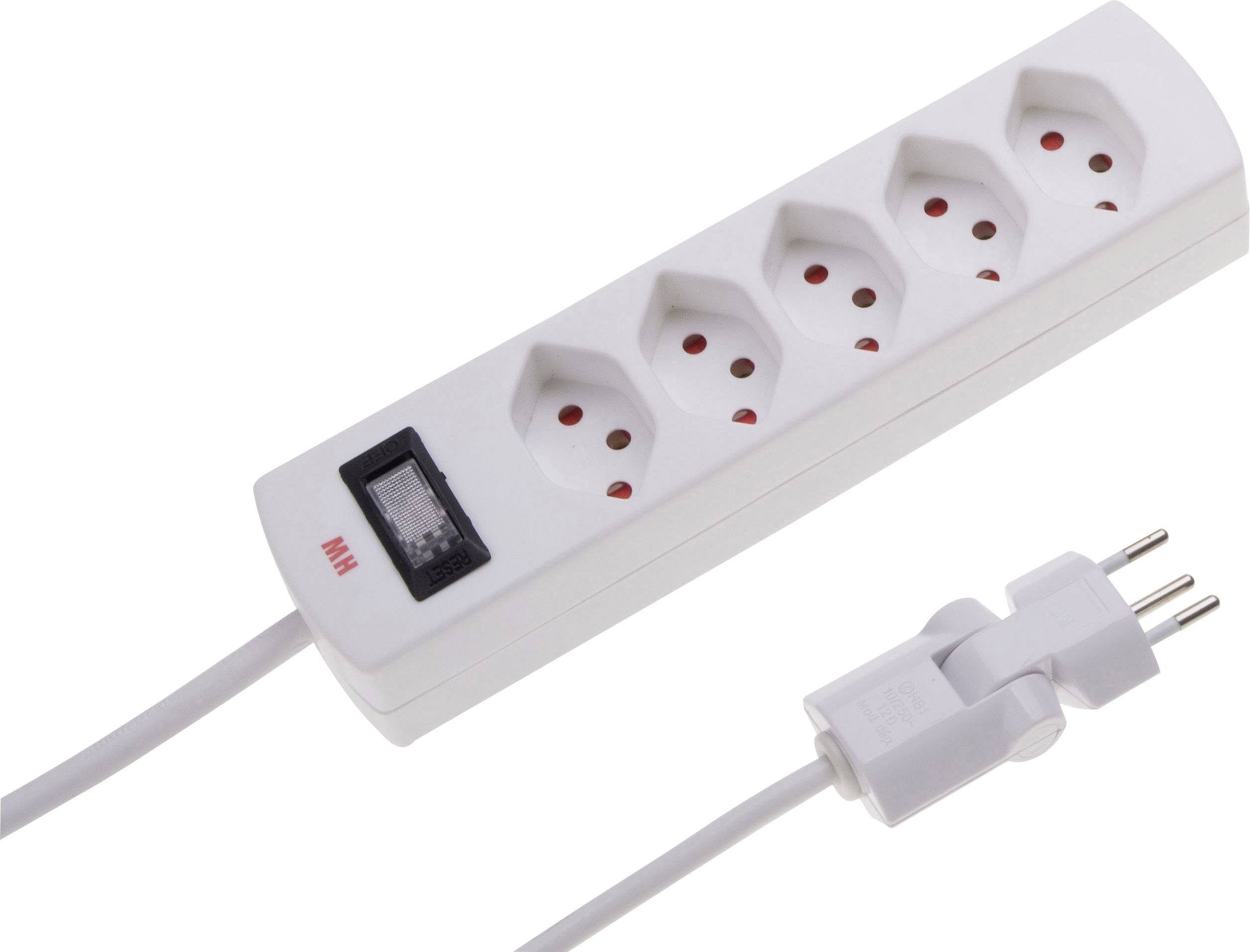Weiße Mehrfachsteckdose mit fünf Steckplätzen und Ein-/Ausschalter, europäischer Stecker am Kabelende. Ideal für Büro oder Haushalt.