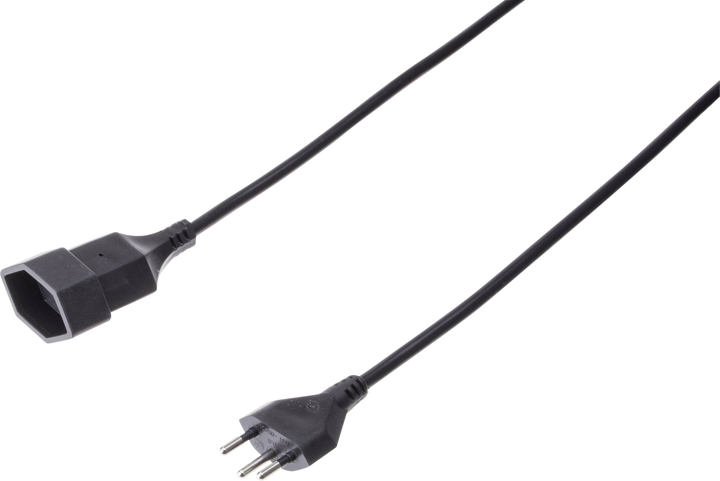 Ein schwarzes Netzkabel mit einem männlichen und einem weiblichen Stecker, typisch für Verlängerungen oder Stromanschlüsse.