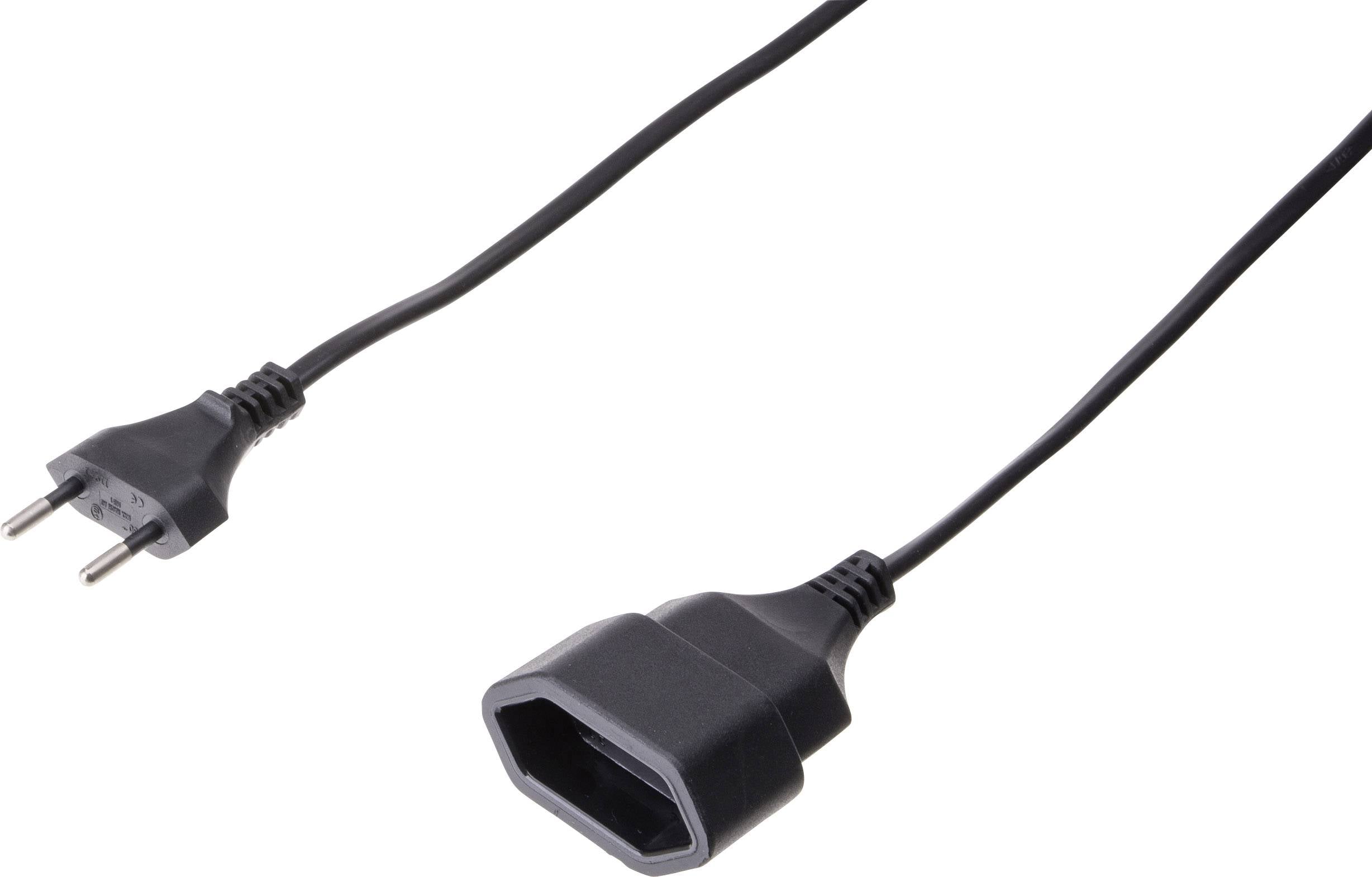 Schwarzes Netzkabel mit einem europäischen Stecker am einen Ende und einem rechteckigen Buchsenstecker am anderen Ende.